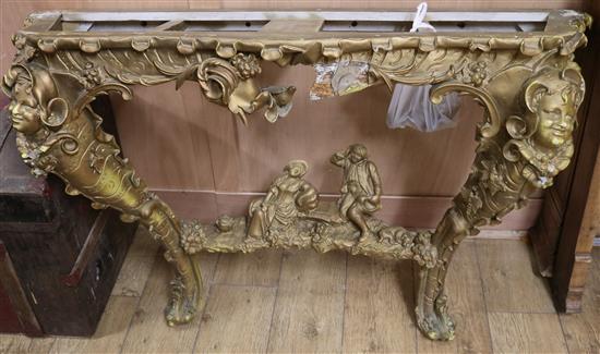 A 19th century Continental giltwood and gesso console table, lacks marble top, W.4ft 7in.